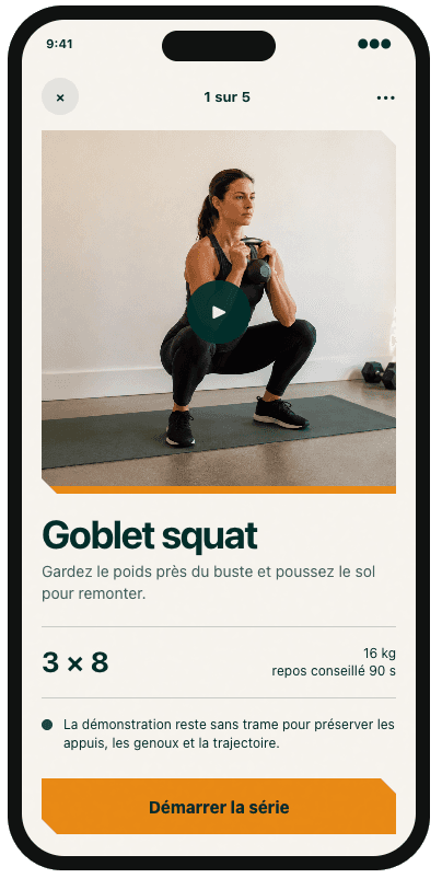Aperçu de l’écran d’exercice Goblet squat avec séries, charge et repos conseillé.