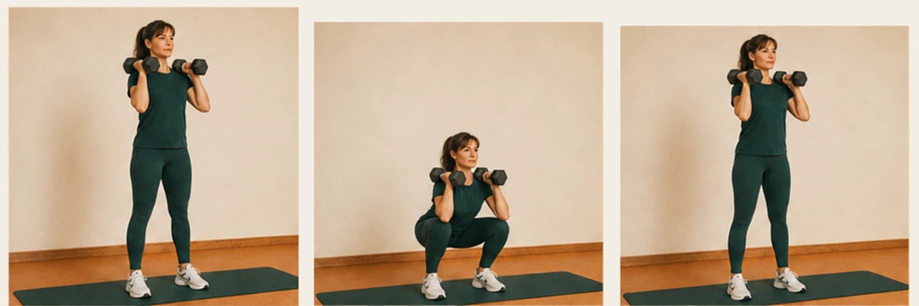 Front squat avec deux haltères : illustration des étapes du mouvement