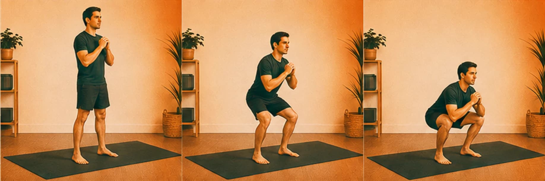 Squat au poids du corps : illustration des étapes du mouvement