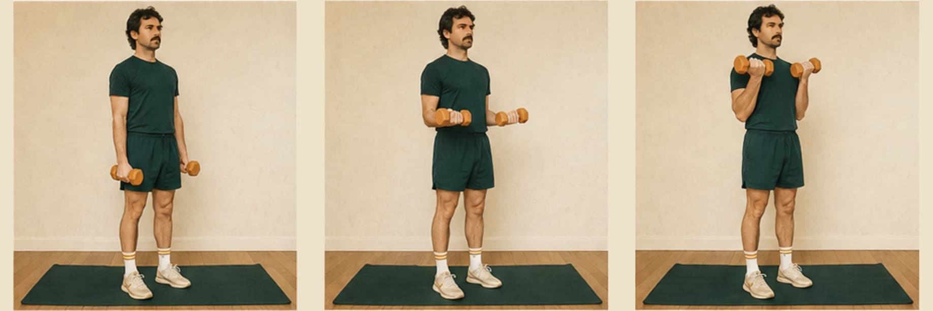Curl biceps avec haltères : illustration des étapes du mouvement