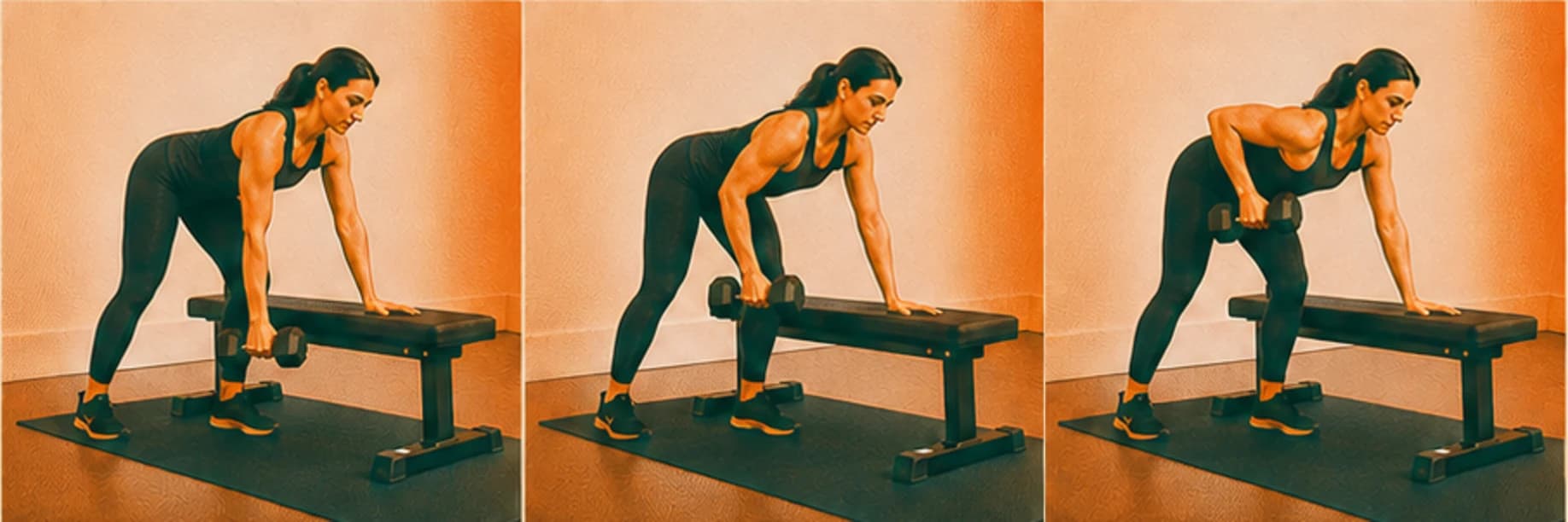 Rowing à un bras avec appui : illustration des étapes du mouvement